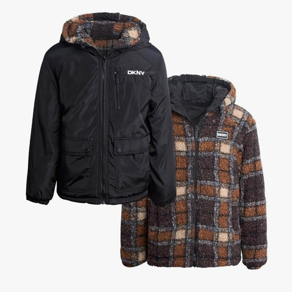 DKNY Kids Black and Brown Plaid Reversible Puffer Jacket size 5/6 - Picture 1 of 16